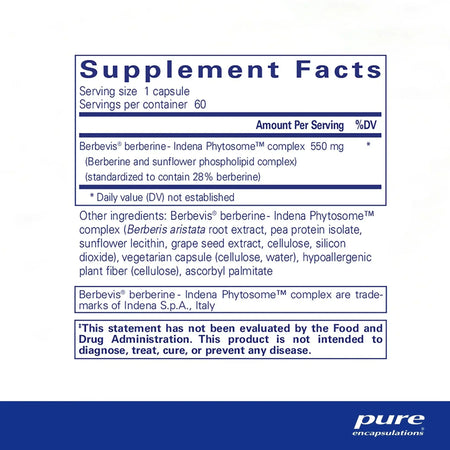 Supplement Facts label for Berbevis berberine Indena Phytosome complex 550mg, 60 capsules