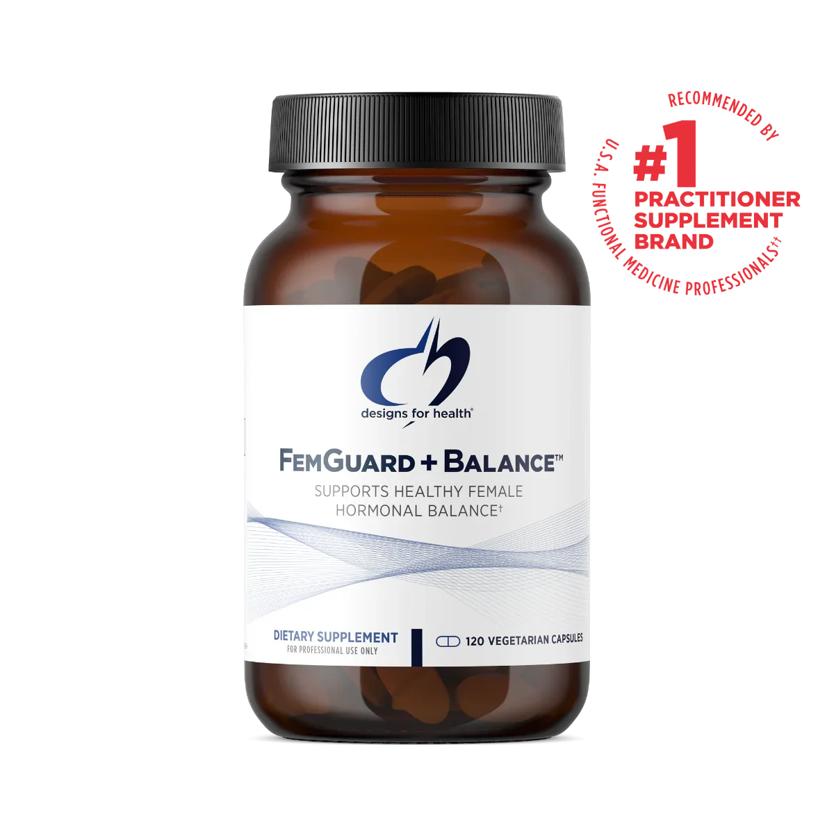 FemGuard + Balance dietary supplement bottle for female hormonal balance with #1 practitioner supplement badge