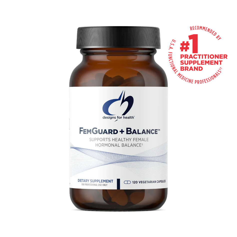 FemGuard + Balance dietary supplement bottle for female hormonal balance with #1 practitioner supplement badge