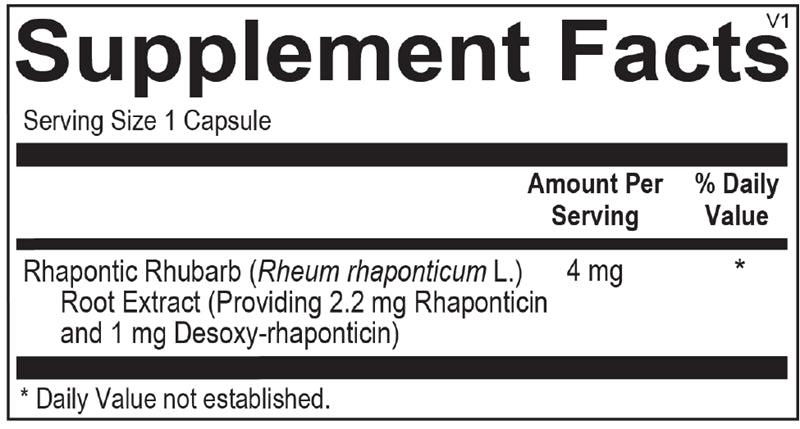 Supplement facts label for Rhapontic Rhubarb root extract 4mg per capsule.