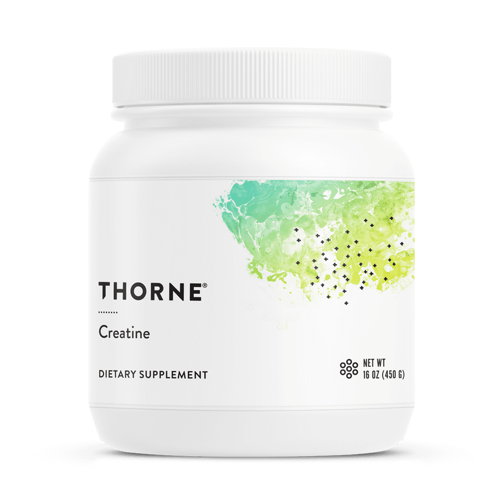 Thorne Creatine dietary supplement container, 16oz, white with green abstract design