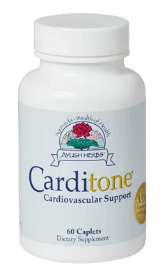 Carditone cardiovascular support supplement bottle with 60 caplets, front label visible.