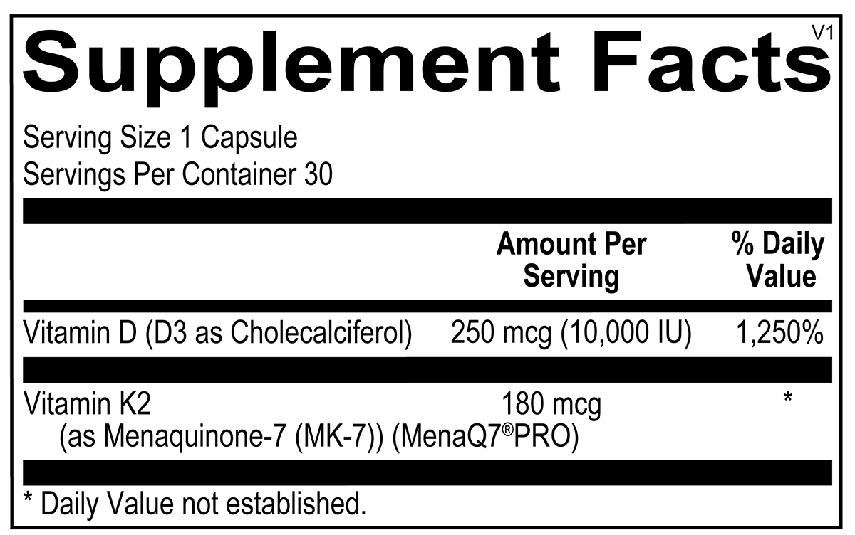 Supplement facts label for Vitamin D3 and Vitamin K2 capsules, 30 servings per container.