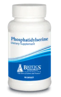 Phosphatidylserine dietary supplement bottle with blue label and white cap
