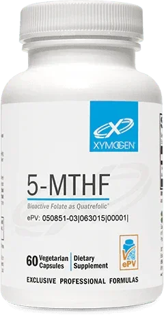 Bottle of 5-MTHF dietary supplement, 60 vegetarian capsules, bioactive folate formula.