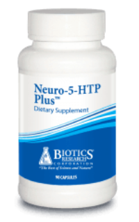 Neuro-5-HTP Plus dietary supplement bottle by Biotics Research, white and blue label