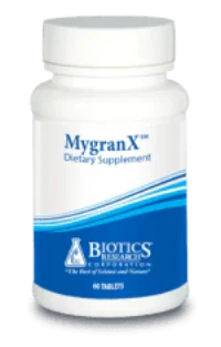 MygranX dietary supplement bottle with blue label, 60 tablets, Biotics Research