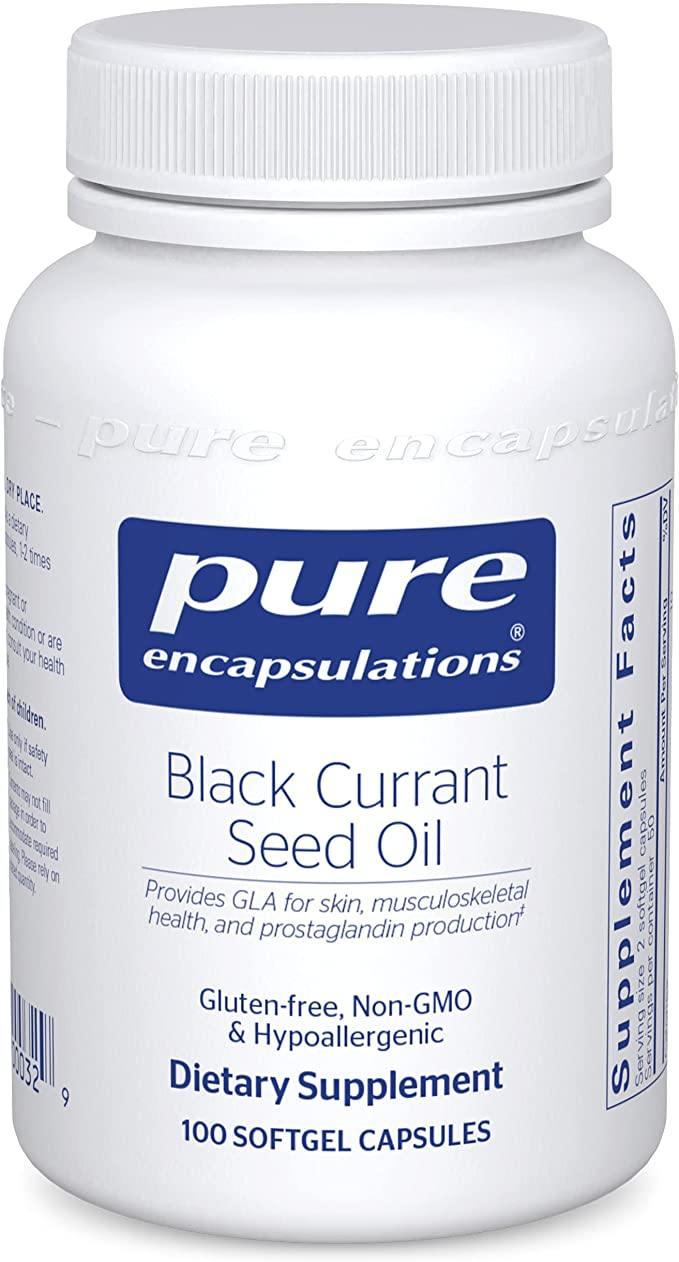 Black Currant Seed Oil dietary supplement bottle with 100 softgel capsules, gluten-free, non-GMO.