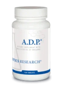 A.D.P. dietary supplement bottle with emulsified oil of oregano label, 120 tablets.