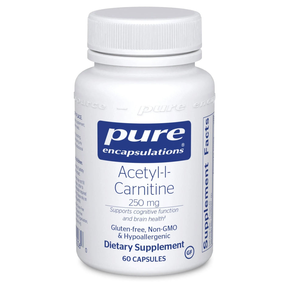 Acetyl-L-Carnitine 250mg dietary supplement bottle, 60 capsules, gluten-free, non-GMO