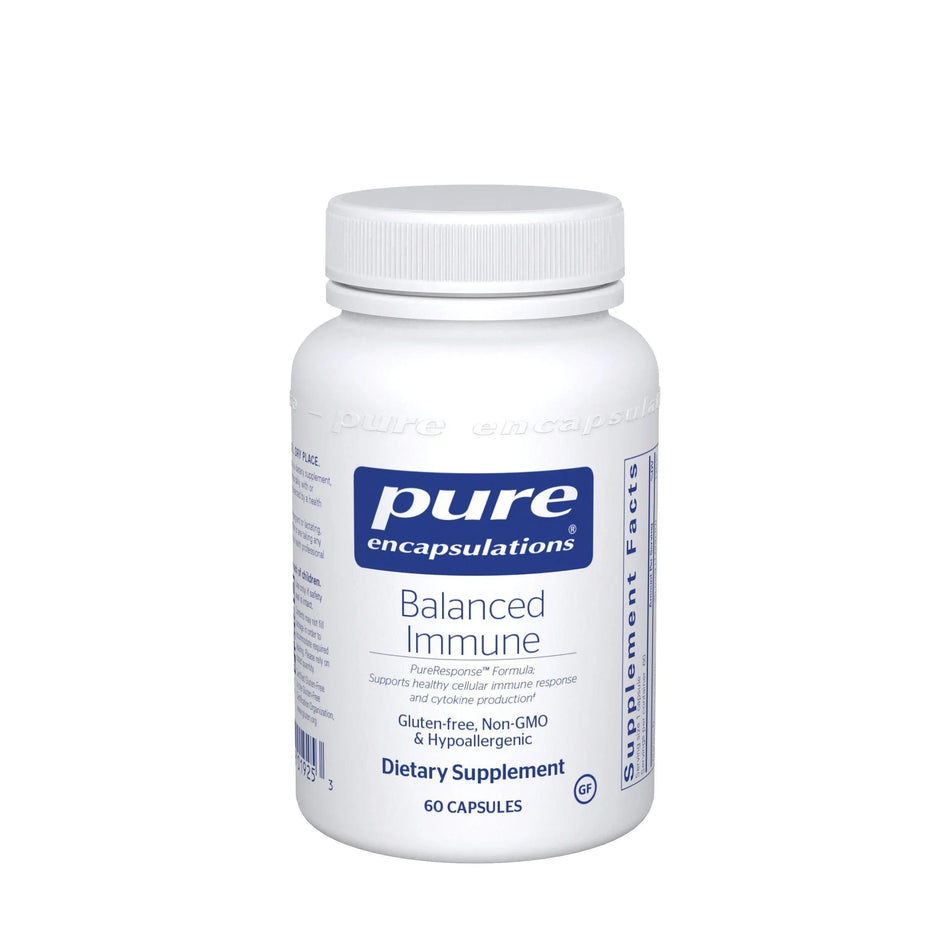 Pure Encapsulations Balanced Immune dietary supplement bottle, 60 capsules, white label
