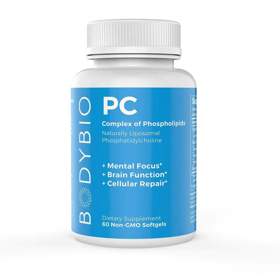 Bottle of phosphatidylcholine supplement for brain function and mental focus, 60 softgels