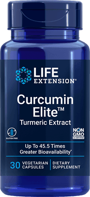 Blue bottle of Curcumin Elite turmeric extract dietary supplement with 30 vegetarian capsules.