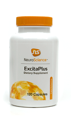 ExcitaPlus dietary supplement bottle with orange cap, 120 capsules, white label