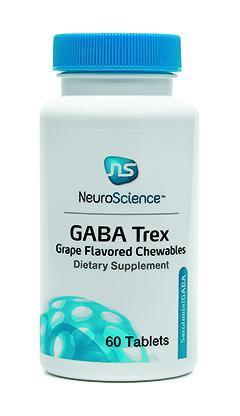 White bottle of GABA Trex grape flavored chewable dietary supplement, 60 tablets.