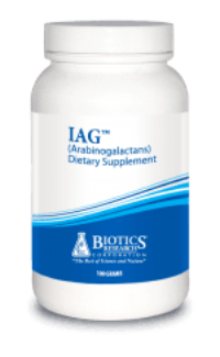 IAG Arabinogalactans dietary supplement bottle with blue and white label