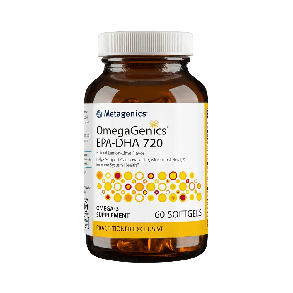 OmegaGenics EPA-DHA 720 omega-3 supplement bottle with 60 softgels