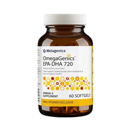 OmegaGenics EPA-DHA 720 omega-3 supplement bottle with 60 softgels