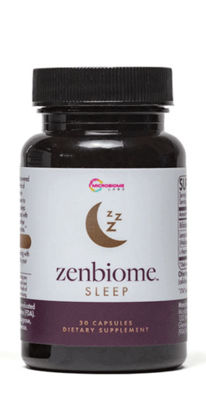 Zenbiome Sleep dietary supplement bottle with crescent moon label, 30 capsules