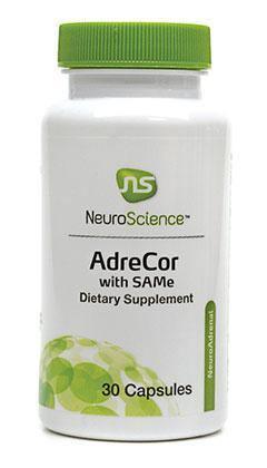 NeuroScience AdreCor with SAMe dietary supplement bottle, 30 capsules, white and green label
