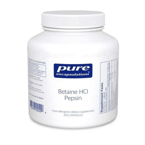 Pure Encapsulations Betaine HCl Pepsin dietary supplement bottle, 250 capsules