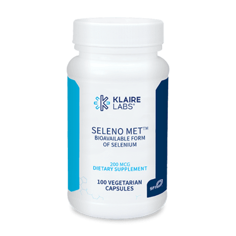 Klaire Labs Seleno Met dietary supplement bottle with 100 vegetarian selenium capsules