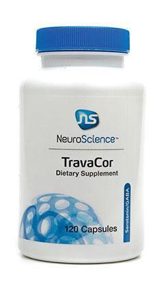 NeuroScience TravaCor dietary supplement bottle, 120 capsules, white and blue packaging